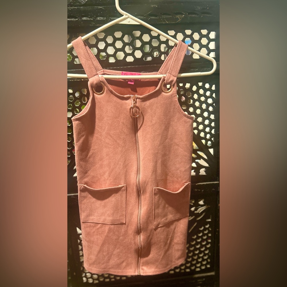 Pink High Neck Faux Suede Pinafore Dress